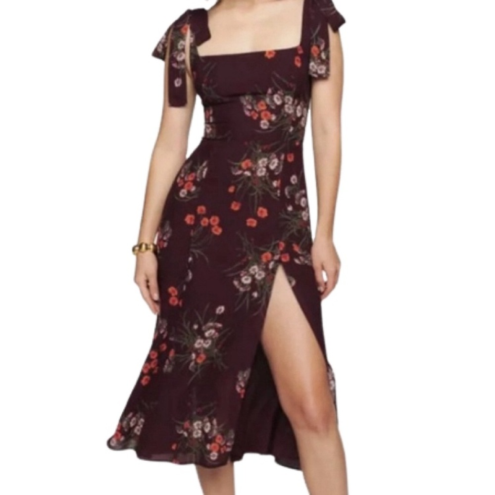 Reformation Burgundy Floral Tie-Shoulder Midi Dress with Side Slit